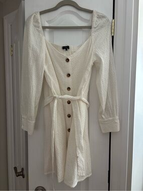 FRNCH Creamy White Button-Front Mini Dress with Tie Waist